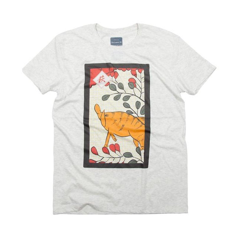 花札7月：萩　Tシャツ - 男 T 恤 - 棉．麻 白色