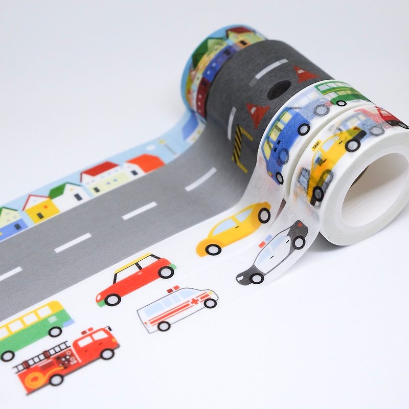 道路系列4入組: 馬路+小車子+特殊車款+小房子街景紙膠帶 - 紙膠帶 - 紙 多色
