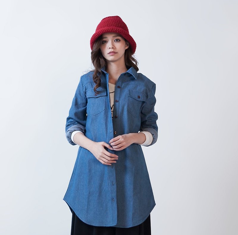 ◆ SUMI PLUS + hand-made series _ Patch Valentine Long shirt ◆ 3AF050 - เสื้อเชิ้ตผู้หญิง - ผ้าฝ้าย/ผ้าลินิน สีน้ำเงิน