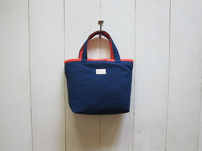 Macaron Series-Canvas Small Tote Bag Navy + Pink Orange - กระเป๋าถือ - ผ้าฝ้าย/ผ้าลินิน หลากหลายสี