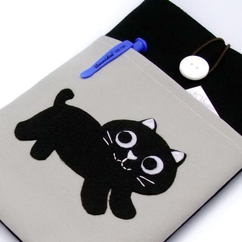 iPadのミニは、カバー/ケース自家製タブレットコンピュータバッグ、布カバー、（調整することができる）の布 - 小さな黒い猫 - タブレット・PCケース - コットン・麻 ブラック