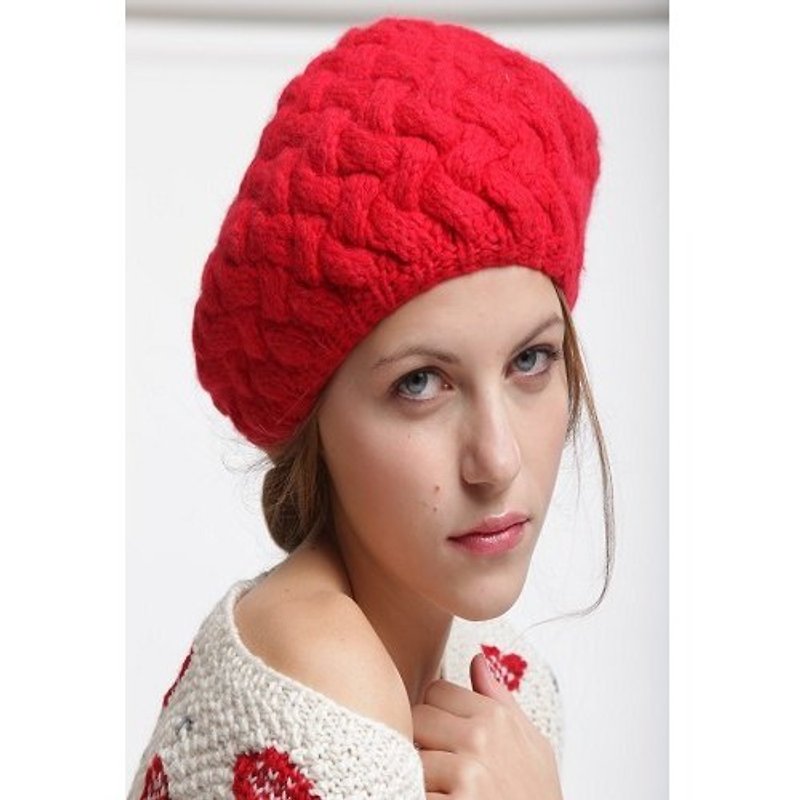 Virgin Wool Cable Beret - Red - หมวก - ขนแกะ 