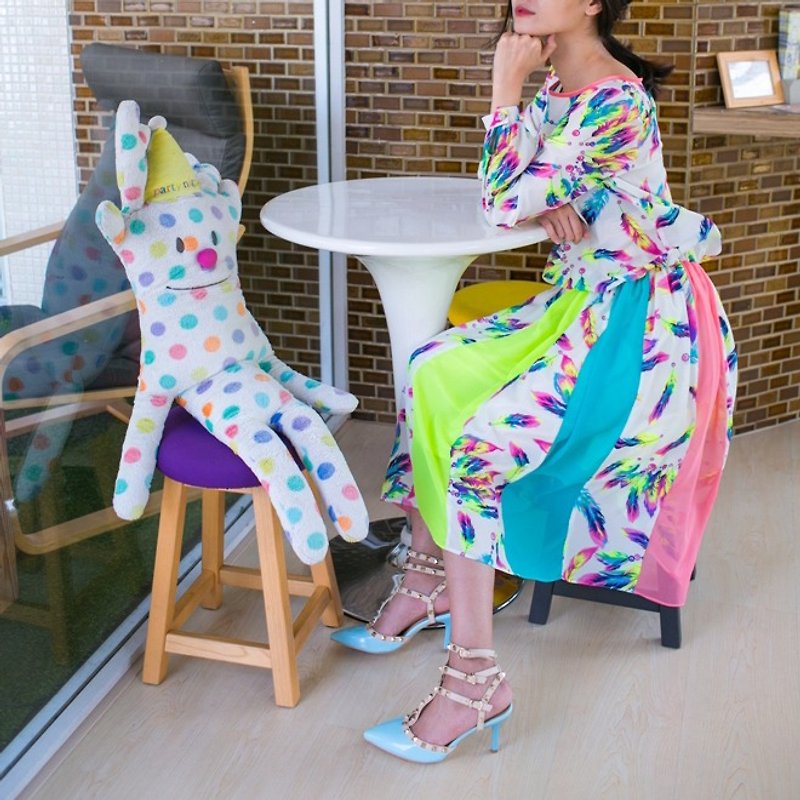 Mark's color advocates feather print stitching colorful chiffon dress - One Piece Dresses - Other Materials White