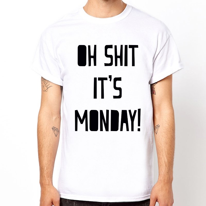棉．麻 男 T 恤 白色 - OH SHIT MONDAY短袖T恤 2色 週一症候群文字文青設計