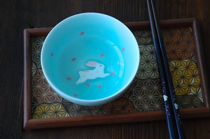 Three shallow ceramic | original design powder blue rabbit rice bowl rice bowl cherry couple creative birthday wedding gift tableware - Bowls - Porcelain Multicolor