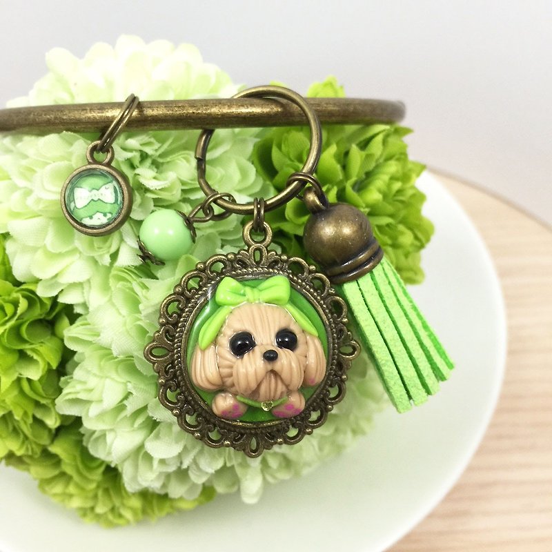 Baby cream bow tie ● VIP dog pink green oversized key ring handmade ● ● Limited Made in Taiwan - Keychains - Clay Green