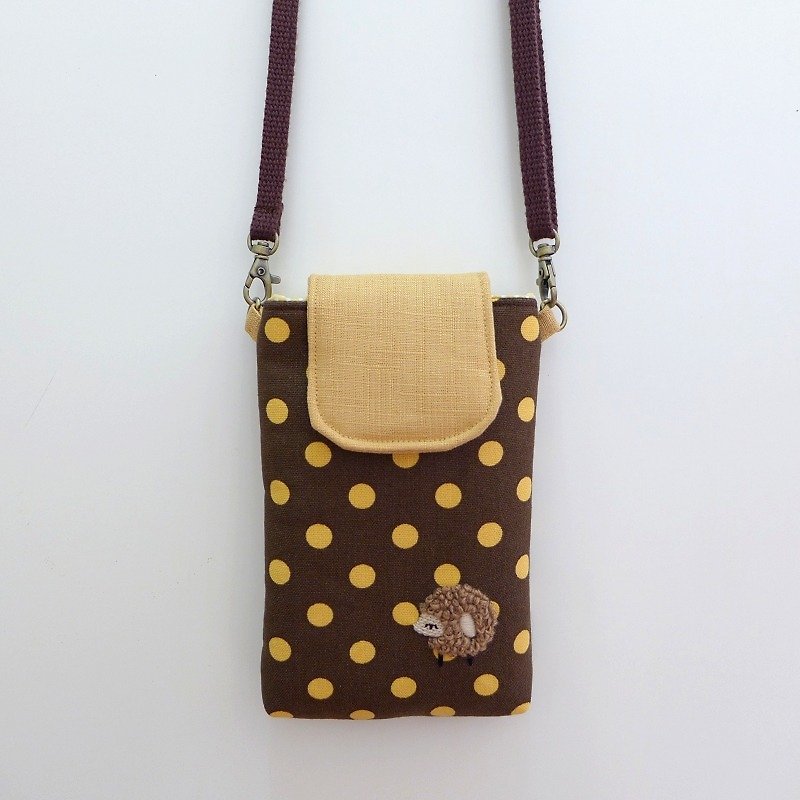 Embroidered sheep mobile phone bag - [coffee at the end of yellow point] (with strap) - อื่นๆ - วัสดุอื่นๆ 
