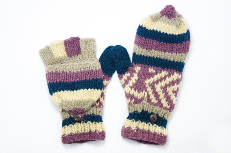 Valentine's Day Knit Woolen Gloves / 2ways Gloves / Open-Toe Gloves / Bristles Gloves / Knitted Gloves - Taro Color Eastern European Ethnic Patterns - ถุงมือ - วัสดุอื่นๆ หลากหลายสี