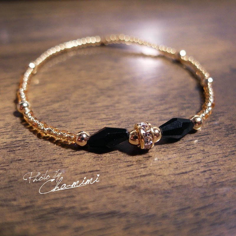 Cha mimi。天然石。菱形魔法黑水晶滾輪金手鍊-細練款 - Bracelets - Gemstone Black