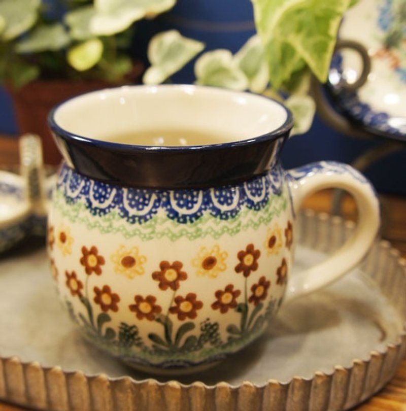 Poland handmade round belly cup (classic coffee flowers) - แก้วมัค/แก้วกาแฟ - วัสดุอื่นๆ สีนำ้ตาล