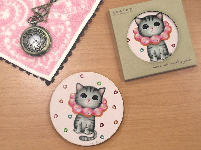 ChinChin Hand-painted Cat Ceramic Water-absorbing Coaster-Strawberry Donut - Coasters - Other Materials Pink