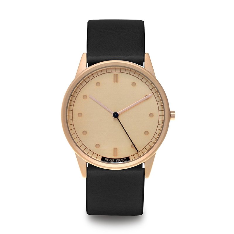 HYPERGRAND - Rose Gold Rose Gold Black Leather Watch - นาฬิกาผู้หญิง - วัสดุอื่นๆ สีดำ