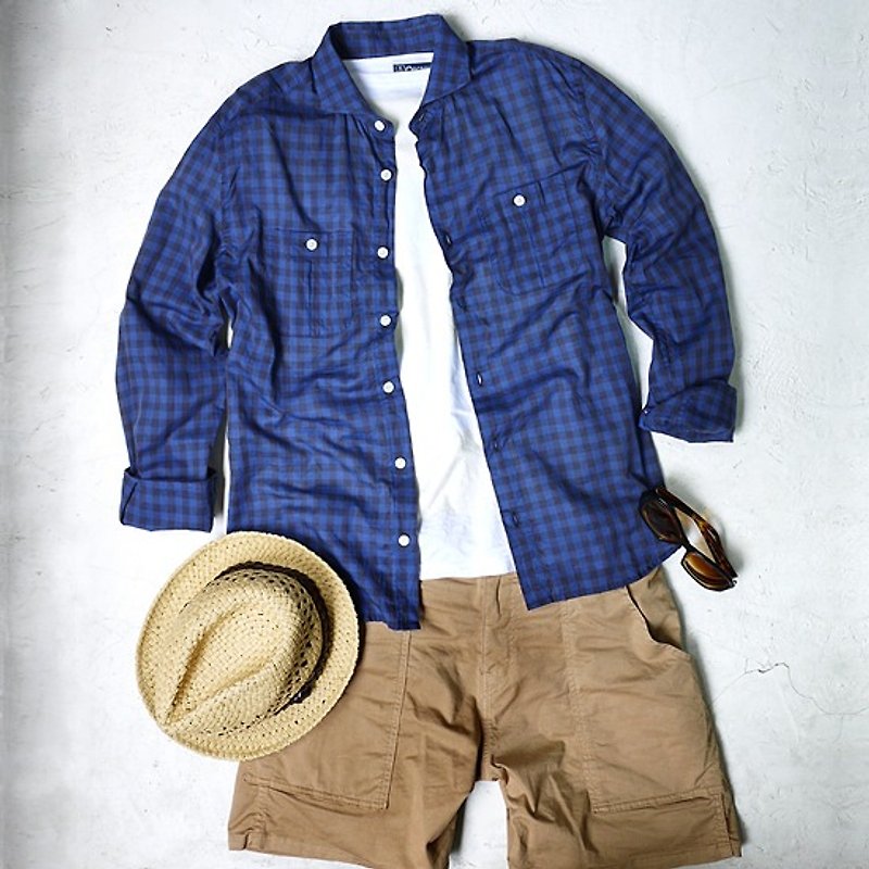 Japanese linen casual shirt Made in Japan by Manual Alphabet - เสื้อเชิ้ตผู้ชาย - ผ้าฝ้าย/ผ้าลินิน สีน้ำเงิน