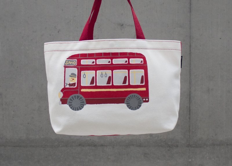 Illustration Tote bag [Sambou] - Red Bus - กระเป๋าถือ - ผ้าฝ้าย/ผ้าลินิน สีแดง