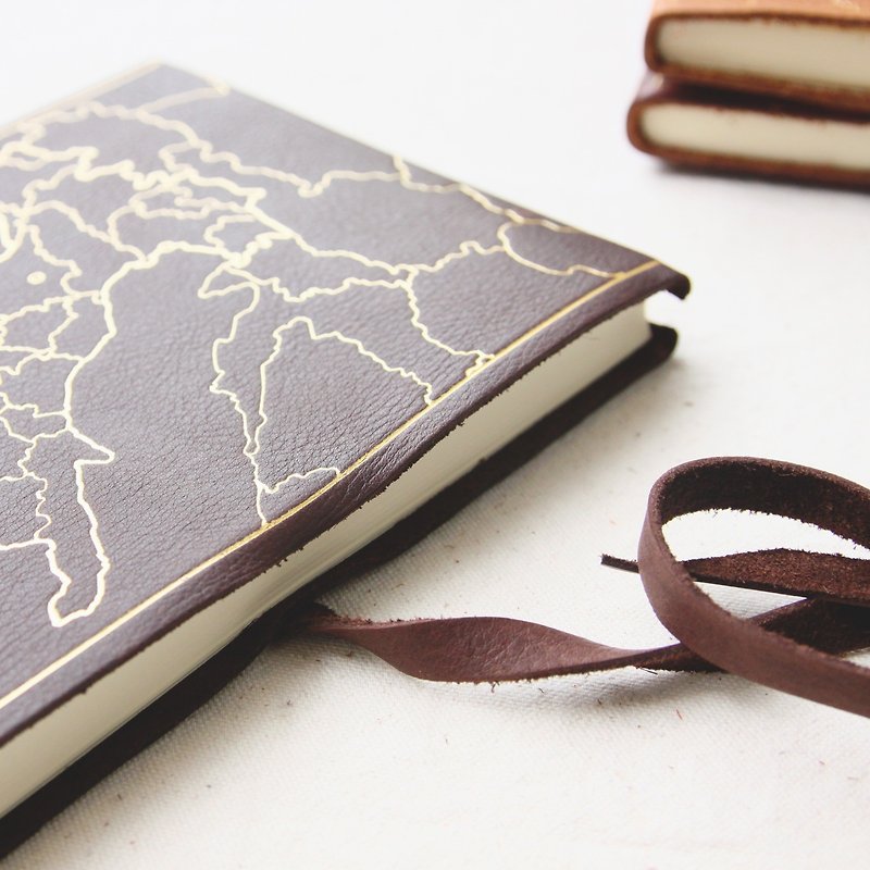 Handmade Leather Journal ( Map Pattern) Size M- Manufactus - Notebooks & Journals - Genuine Leather Brown