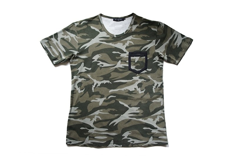 Stone'As Camo Tee / Camouflage Short Tee T-shirt - เสื้อยืดผู้ชาย - วัสดุอื่นๆ สีเขียว
