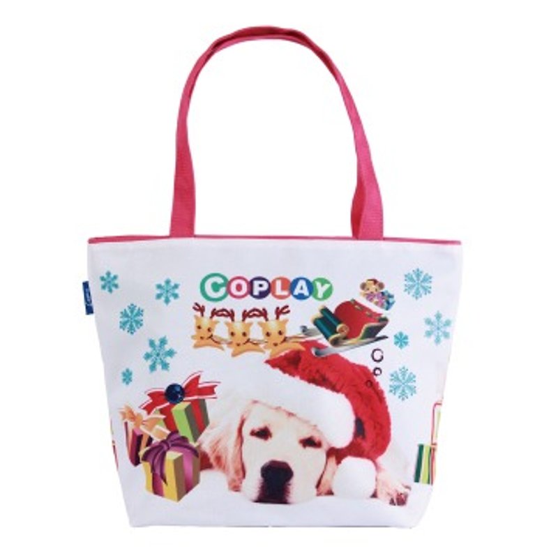 COPLAY  tote bag-Chrismas dog-Pink handle - กระเป๋าแมสเซนเจอร์ - วัสดุกันนำ้ ขาว
