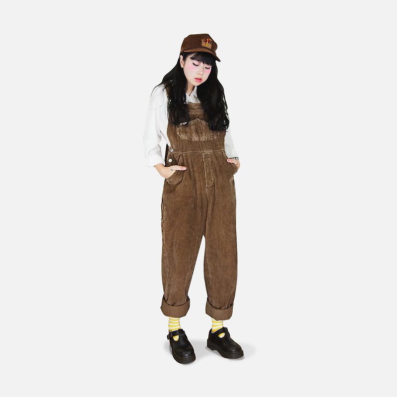 A‧PRANK: DOLLY :: the VINTAGE retro coffee color corduroy trousers suspenders - Overalls & Jumpsuits - Cotton & Hemp Brown