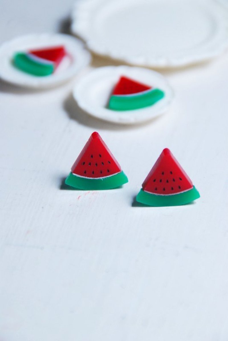 夏天就愛吃西瓜/抗過敏鋼針/可改夾式 - 耳環/耳夾 - 塑膠 紅色
