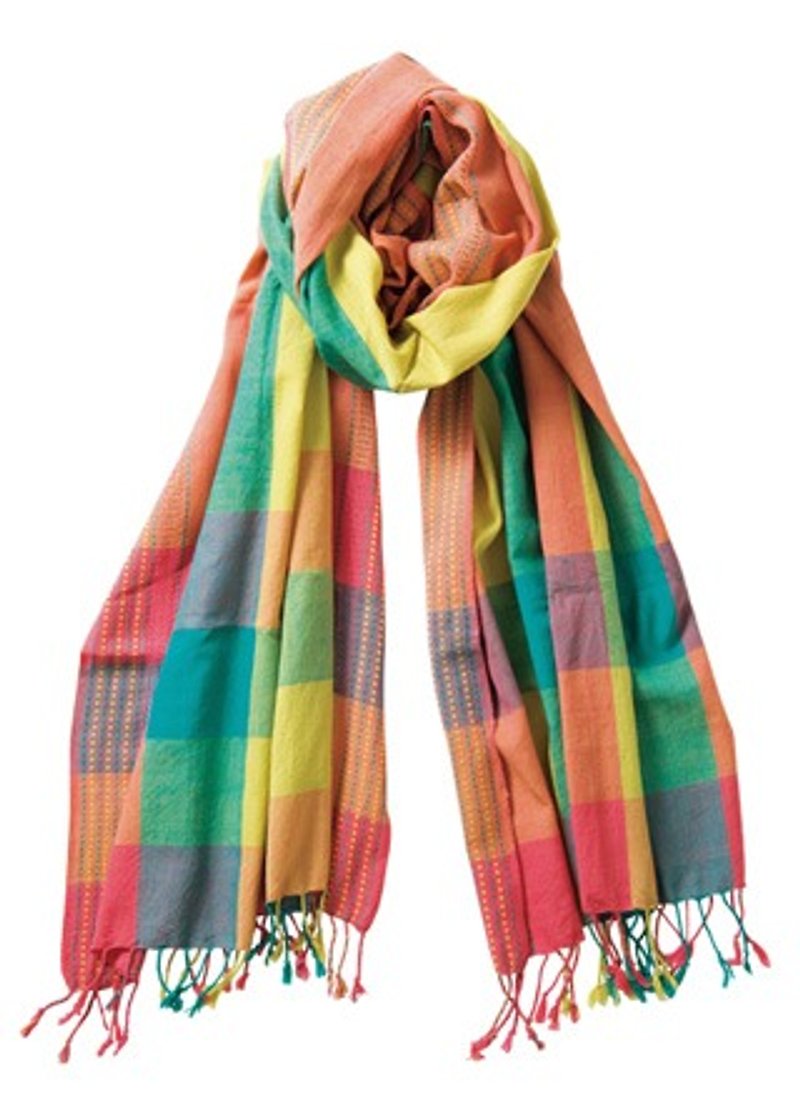 地球ツリーフェアトレード＆エコ "コットンスカーフ」 - 手織りコットンオレンジ緑の格子縞 - スカーフ - その他の素材 