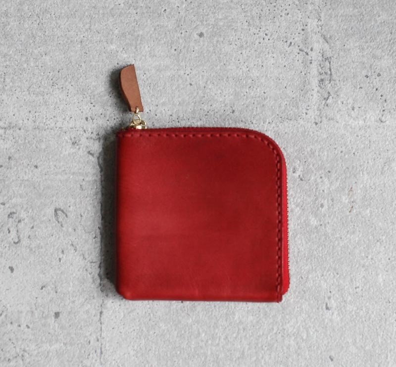 Red vegetable cow hide leather coin zip wallet - กระเป๋าใส่เหรียญ - หนังแท้ สีแดง