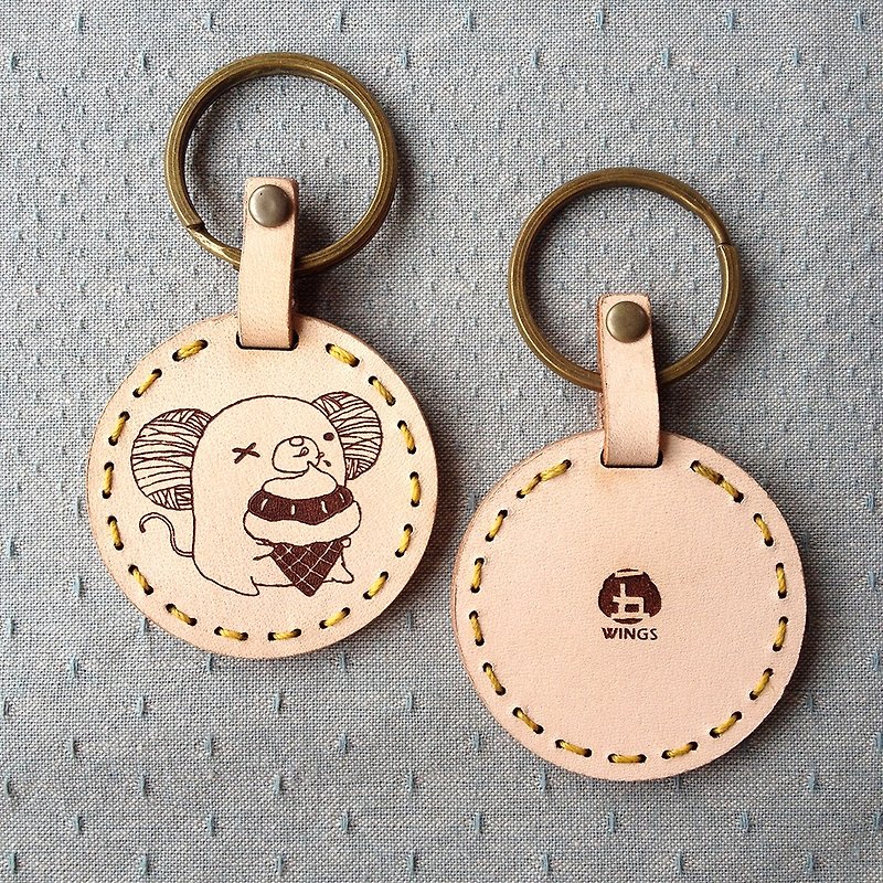 Hand-stitched/leather key ring【One-eyed mouse】 - Keychains - Genuine Leather Khaki