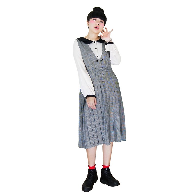 A‧PRANK: DOLLY :: VINTAGE Grey College retro style pattern of pleated dress vest - One Piece Dresses - Cotton & Hemp Multicolor