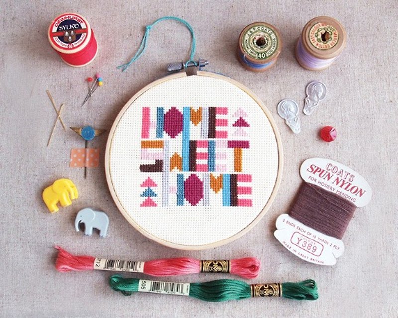 Cross Stitch KIT - Geometric Home Sweet Home KIT - Knitting, Embroidery, Felted Wool & Sewing - Thread Multicolor