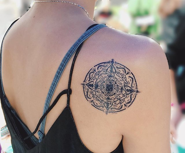 手繪圓形迷宮曼陀羅刺青紋身貼紙自由神秘塔羅浪漫中性自由信仰藍- 設計