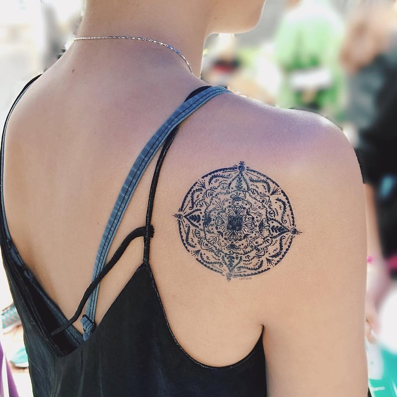 LAZY DUO Circle Round Mandala Maze Temporary Tattoo Stickers Ocean Blue Boho Art - Temporary Tattoos - Paper Blue