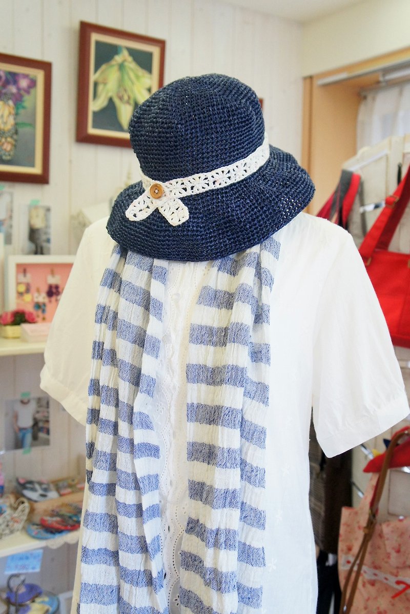 草線編織蕾絲裝飾優雅風情漁夫帽~ - 帽子 - 其他材質 藍色