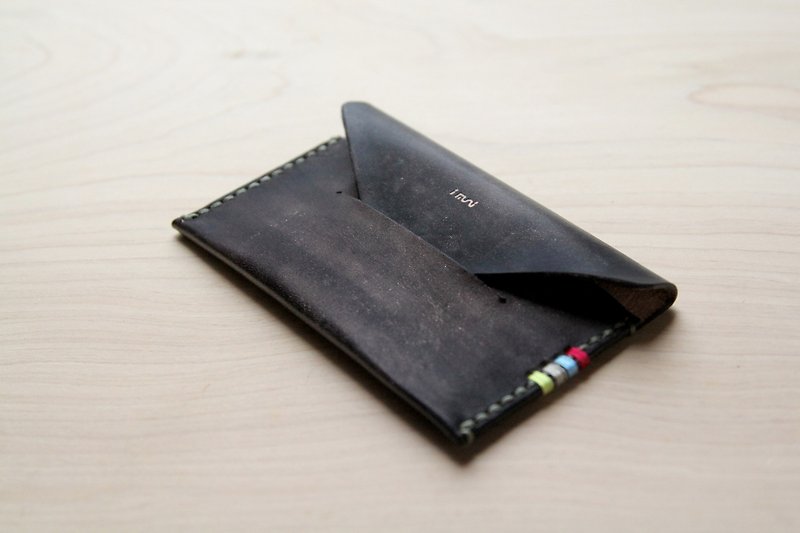 Hand-stitched leather minimalism card holder / card holder / colored stripes + antique old brush color - ที่เก็บนามบัตร - หนังแท้ หลากหลายสี