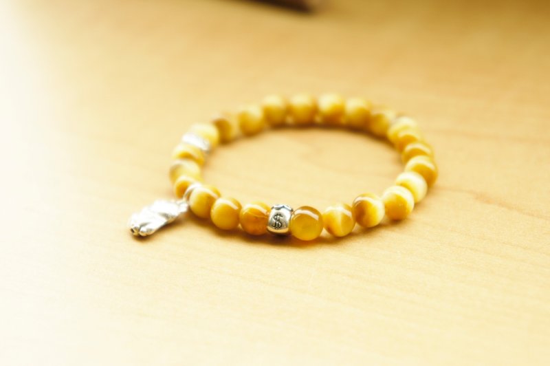 金黃虎眼石純銀招財貓配飾客製化彈性手環 - 手鍊/手環 - 寶石 黃色