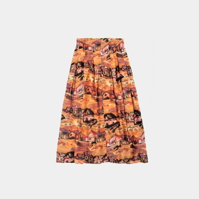 │moderato│ small house village vintage pleated skirt / Literary Forest Retro - Skirts - Other Materials Orange