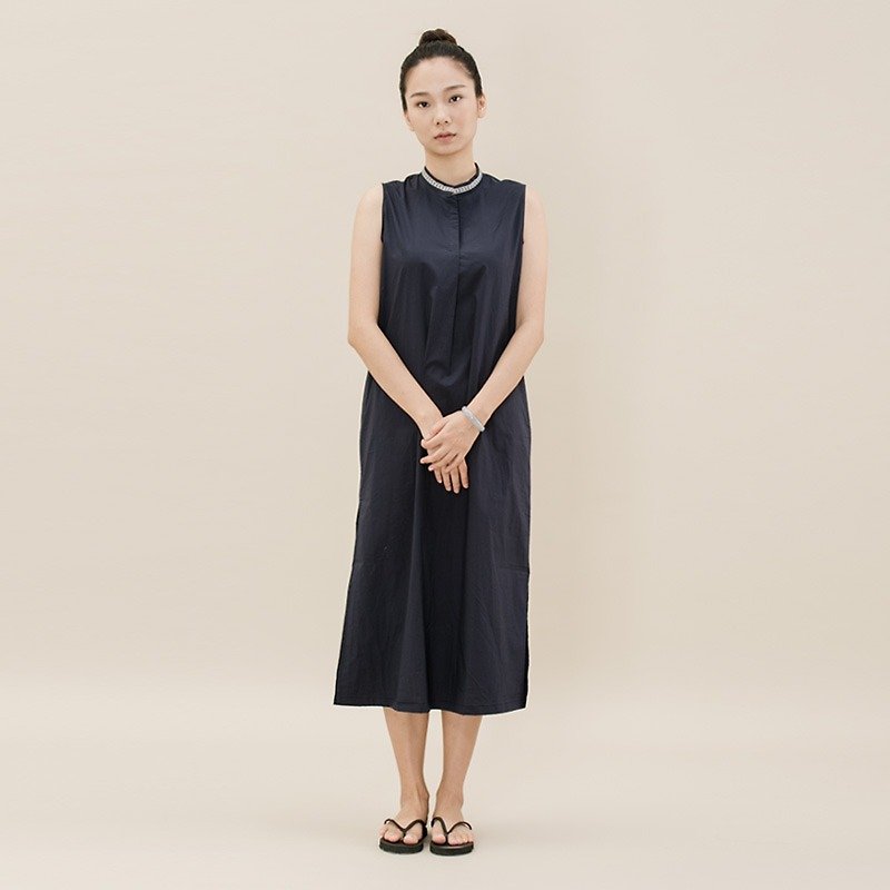 織帶設計 復古凈色連衣裙   深藍   D150302 - 旗袍 - 棉．麻 藍色