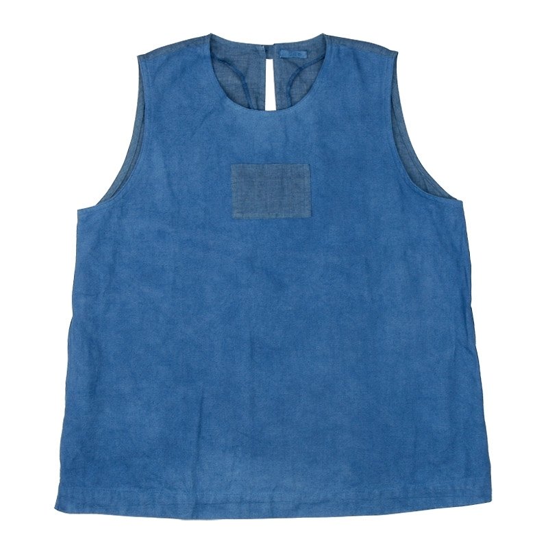 蘑菇mogu / 天然染口袋剪接短衫 / 白露 / 古著 - Women's Vests - Other Materials Blue