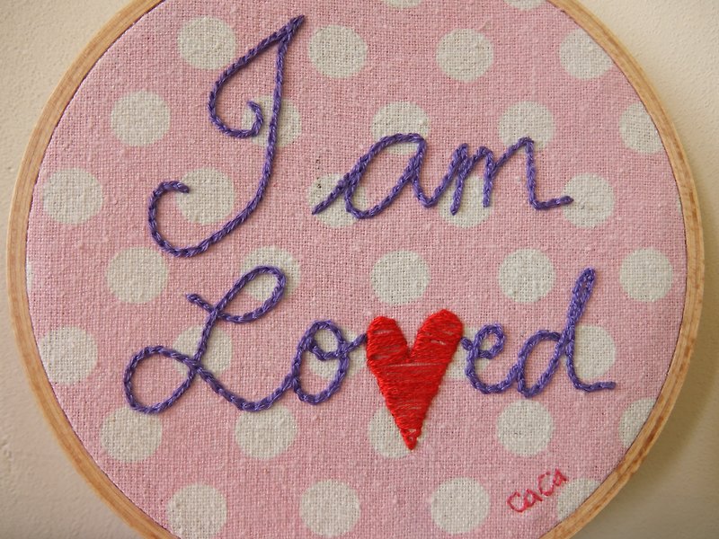 CaCa Crafts | Hand-embroidered I am Loved pendant - Items for Display - Thread Pink