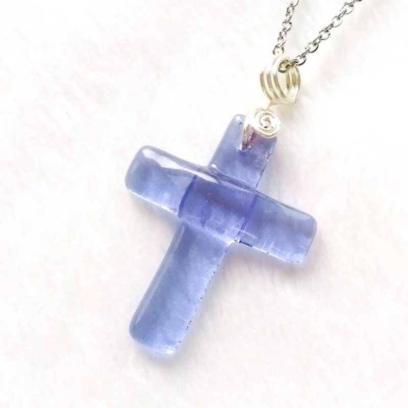 Colored Glass Cross Necklace - Lavender - Necklaces - Glass Purple