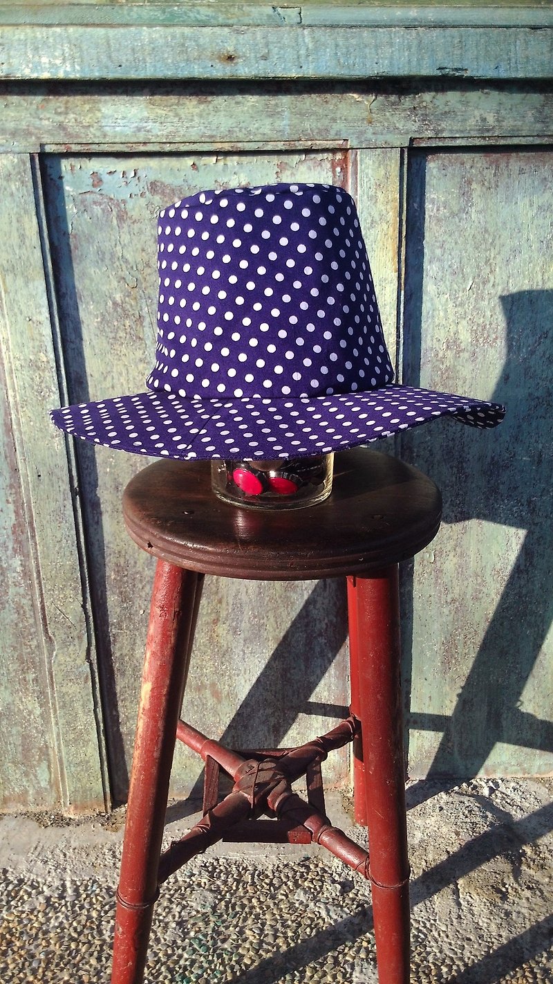 Long little blue top hat gentleman hat handmade cap - หมวก - ผ้าฝ้าย/ผ้าลินิน สีน้ำเงิน