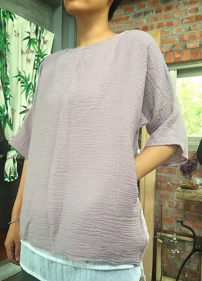 Natural hand-made clothes washed double natural cotton knit pink taro fifth sleeve pocket Blouse - Women's Tops - Cotton & Hemp Pink
