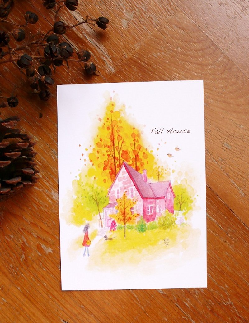 Autumn cottage postcard - การ์ด/โปสการ์ด - กระดาษ สีส้ม