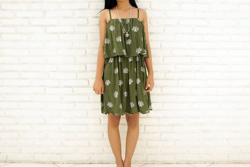 Coral lot ♪ Coral print ruffle camisole Short dress <Khaki> - One Piece Dresses - Other Materials Green