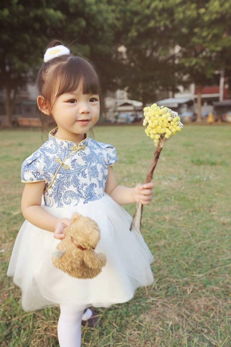Angel Nina customized Chinese style cheongsam dress blue and white porcelain flower girl birthday concert party - Other - Cotton & Hemp Blue