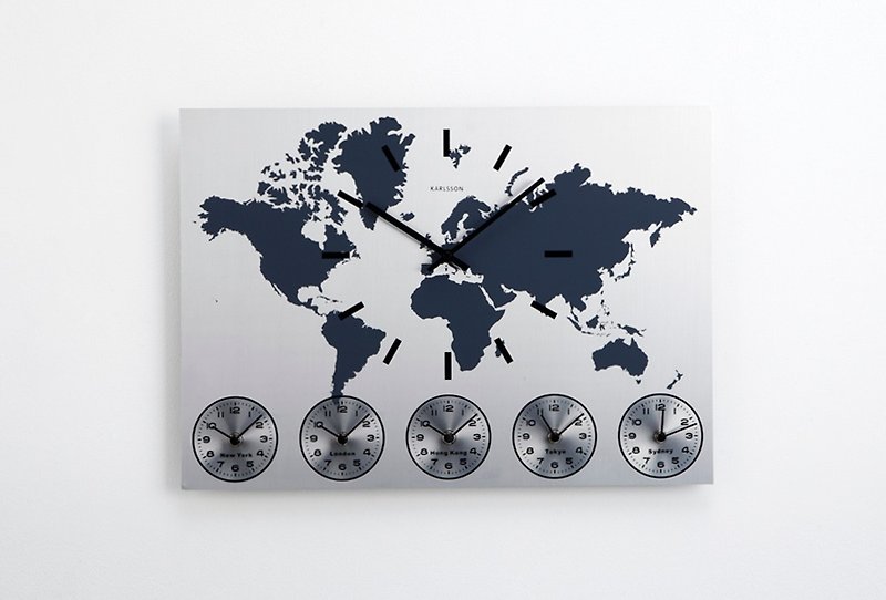 Karlsson Wall clock World Time Stainless Steel World Map Wall Clock (6 ...