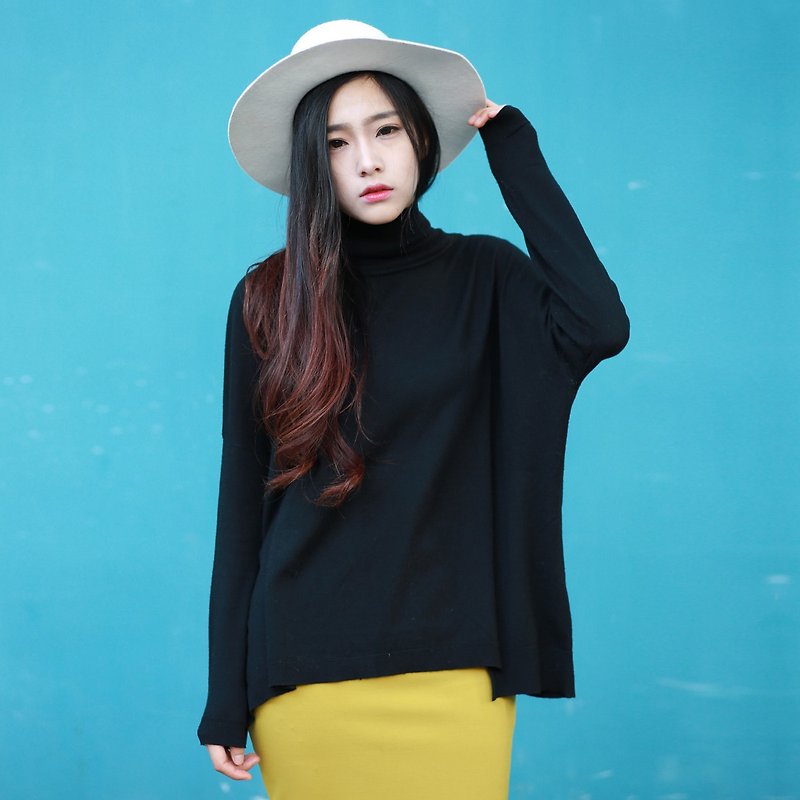 Annie Chen irregular black round neck long-sleeved sweater new autumn and winter retro female head warm - สเวตเตอร์ผู้หญิง - วัสดุอื่นๆ สีดำ