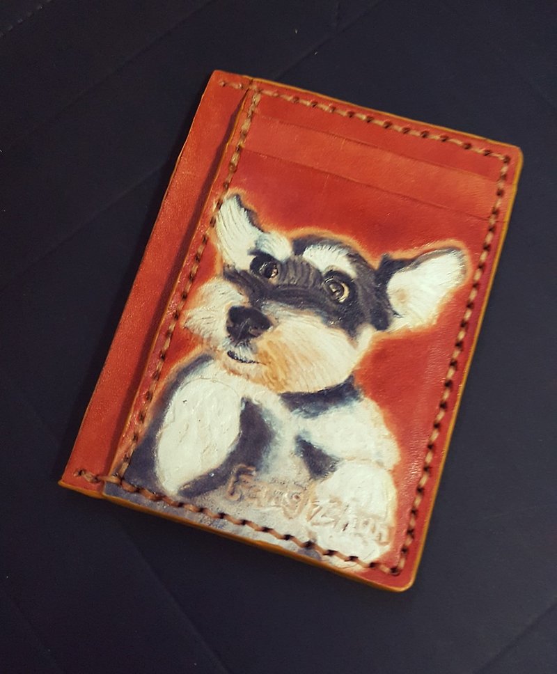專屬客製寵物狗兒英國褐色純牛皮名片夾(訂做情人、生日送禮) - 卡片套/卡片盒 - 真皮 橘色