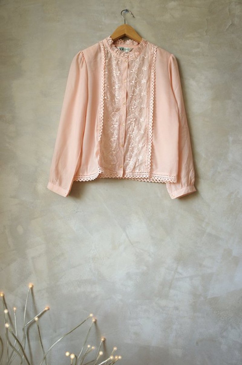 Pink lace embroidered collar shirt vintage - Women's Shirts - Other Materials Pink