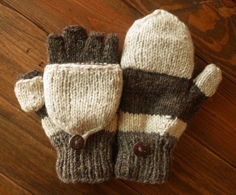 羊毛 手工編織 手套 單線編織 合手款 雙色 灰白+咖啡 - 手套 - 羊毛 咖啡色