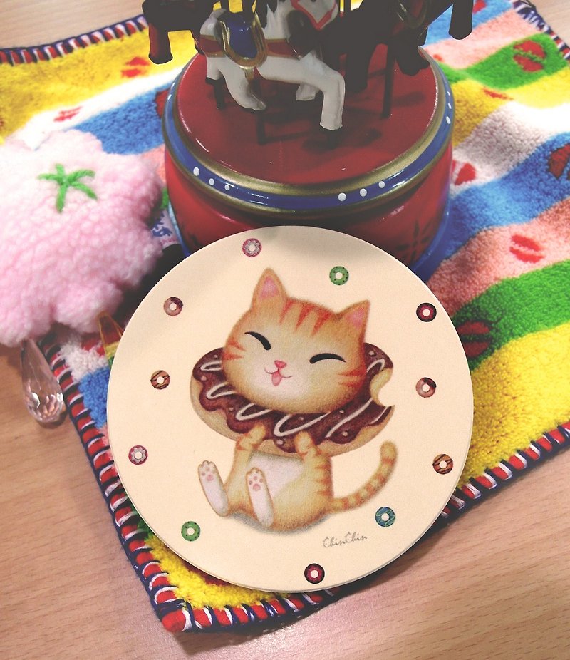 ChinChin Hand-painted Cat Ceramic Water-absorbing Coaster-Chocolate Donut - ที่รองแก้ว - วัสดุอื่นๆ สีส้ม