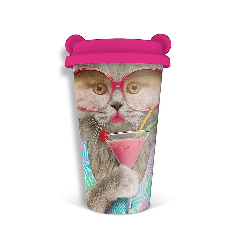 マスタードダブル保温セラミックマグカップ-Party Cat - グラス・コップ - 陶器 ピンク